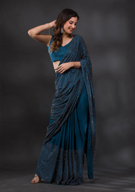 Peacock Blue Stonework (Silver) Satin Saree